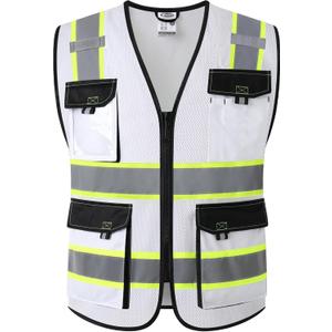 JKSafety Hi Vis Reflective Safety Vests for Men Women High Visibility Vest with Pockets Mesh Fabric Construction Safety Apparel Neon Vest for Work (220-White L)