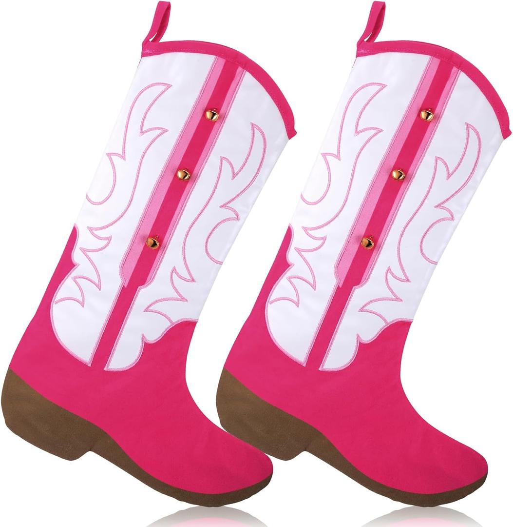 Soulchen 2 Pcs Pink Cowboy Boot Stocking 20 Inches Christmas Western Stocking Cowgirl Hanging Decor for Christmas Stuffers