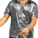 WDIRARA Men's Metallic Short Sleeve Stand Collar Shirt Button Front Lapel Neck Tops