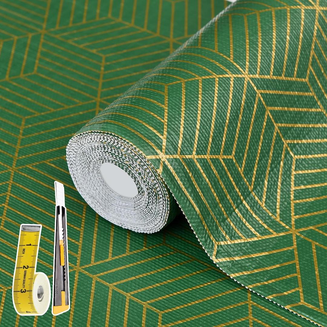 Shelf Liners for Kitchen Cabinets 12in x 30FT, Non Adhesive Cabinet Liner Strong Non-Slip Thickened Gold Green Geometric Drawer Liner, Easy to Clean for Shelf, Cabinet with Knife and Tape Measure