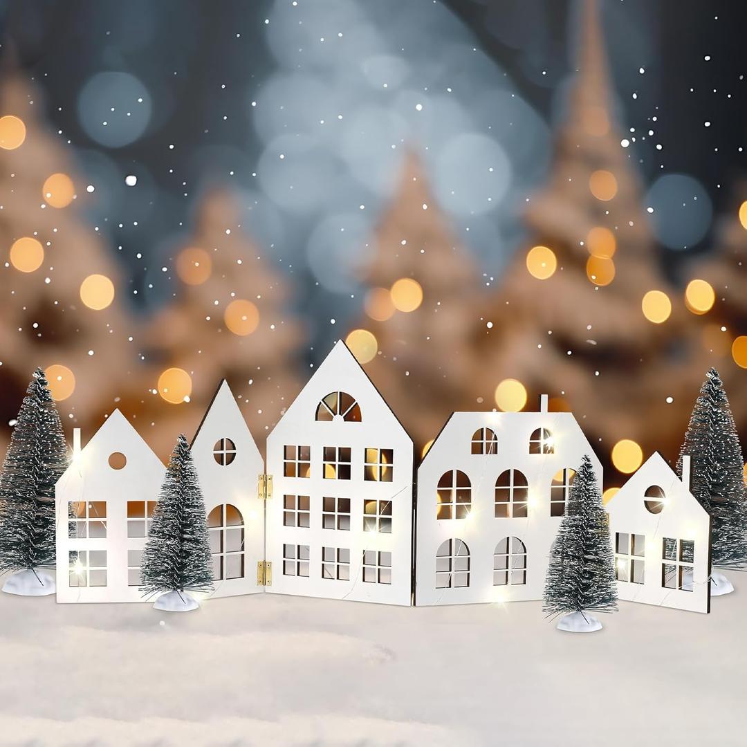 Chunful 5 Pcs Foldable Wooden Christmas Village House with LED Light String Paintable White Christmas Village House with 4 Pcs Xmas Trees Indoor for Home Mantel Tabletop Centerpiece Holiday Decoration