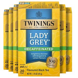 Twinings Decaffeinated Lady Grey Black Tea Individually Wrapped Bags, 20 Count (Pack of 6), Orange Peel & Lemon Peel, Enjoy Hot or Iced, 120 Teabags (EXP 02/12/27)