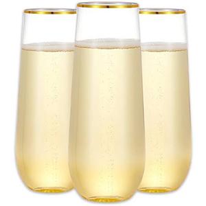 N9R 12PCS Plastic Champagne Flutes, 9 oz Stemless Disposable Gold Rim Toasting Glasses, Crystal Clear Cocktail Cups Drinkware Shatterproof Ideal for Party Wedding Birthday