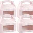 Bio Tek 9.5 x 5 x 5 Inch Gable Boxes For Party Favors, 25 Attractive Gift Boxes - Striped Pattern, Clear PET Window, Pink & White Paper Barn Boxes, With Built-In Handle
