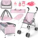deAO Baby Doll Stroller Crib Bed Nursery Role Play Set Baby Doll with Accessories and Play Mat,Travel Cot,Bouncer,Foldable Stroller and Travel Bag Gifts for Toddlers Girls Boys