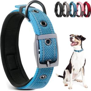 PetiFine Dog Collars for Medium Dogs, Neoprene Padded and Adjustable, Reflective Wide Heavy Duty Pet Collars with Durable Metal Belt Buckle for Walking, Blue, M