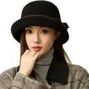 Women Vintage Felt Cloche Hats Winter Fall Solid Fedora Caps Elegant Bowler Hat Bowknot (Black)