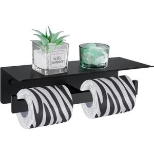 Angle Simple Matte Black Toilet Paper Holder with Shelf, 304 Stainless Steel Double Toilet Tissue Roll Holder for Wall