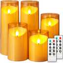 NURADA Flickering Flameless Candles: Acrylic LED Pillar Candles Battery Operated with Remote and Timer for Romantic Ambiance and Home Table Bathroom Decor, Gold, Pack of 5 (Amber Set of 5)