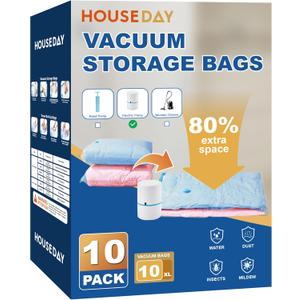 HOUSE DAY 10 Jumbo Vacuum Seal Bags For Clothing Travel, 80% Space Saving Travel Vacuum Bags with Electric Pump, Vacuum Storage Bags For Clothes, Comforters, Blankets, Moving, Reusable & Durable