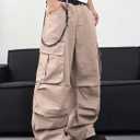DFGIGT Mens Denim Baggy Pants with Cargo Pockets Mid Weight Casual Streetwear Wide Leg Jeans Hip Hop Skater Trousers (Beige, M)