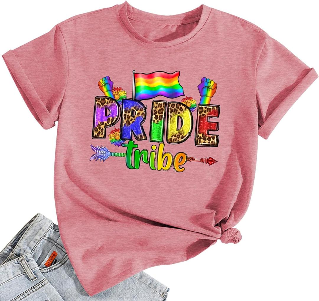 Pride Shirt Women Rainbow Heart Tee Top LGBTQ Equality Rights Short Sleeve Pink (Pink, L)