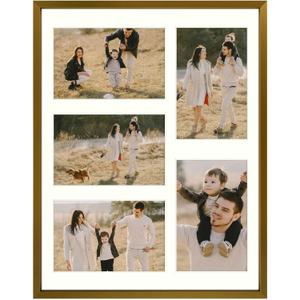 2 x Frametory - 11x14 Aluminum Collage Picture Frame - Display 4x6 Pictures with 5 Openings Mat - Real Glass Front - Horizontal/Vertical Wall Mount - Bronze 1 Pack