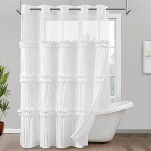 ROSERY No Hook Ruffle Shower Curtain with Snap in Fabric Liner Set, Ruched Vintage Farmhouse Shower Curtain for Bathroom with See Through Window, Ruffle Pattern, 71" W x 74" L