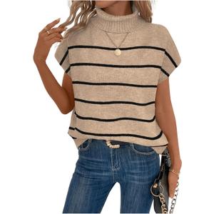 WDIRARA Women's Striped Turtleneck Sweater Vest Cap Sleeve Pullovers Loose Oversized Knit Top (Medium, Khaki)