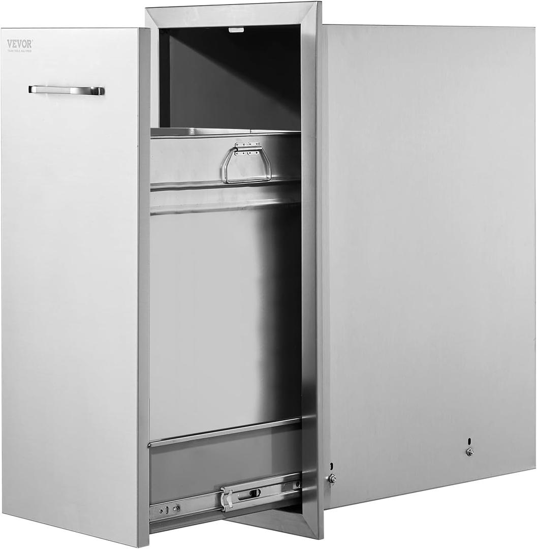 VEVOR Pull Out Trash Drawer 13.4"W x 25.7"H x 19.6"D Lower Sliding Rails Stainless Steel Roll Out Trash Bin Pull Out Tray Outdoor Kitchen Trash Drawer with Handle for BBQ Island Grill Station (13.6W x 26H x 19.3D Inch)