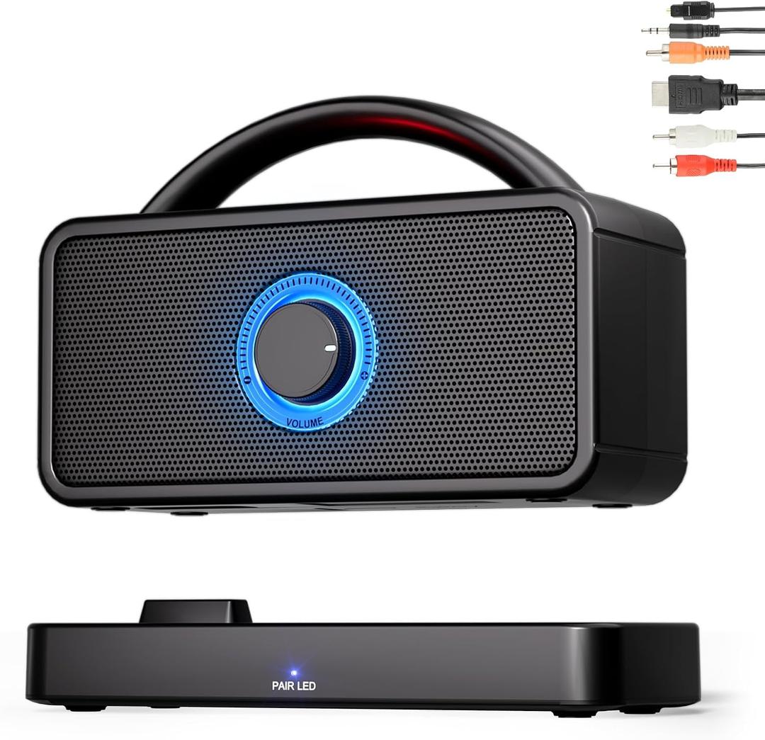 5.8Ghz Wireless Speakers for TV, 30-hrs Playtime, Portable TV Speakers for Hard of Hearing Seniors, 50 ft Range Compatible with HDMI, Opt, AUX, USB, Coax Port (Cables Included)