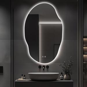 Asymmetrical LED Bathroom Mirror with Lights,Irregular Led Bathroom Vanity Mirror for Wall with Backlit, Anti Fog, 3 Colors and Dimmable Light,[Horizontal/Vertical] 48" H x 30" W
