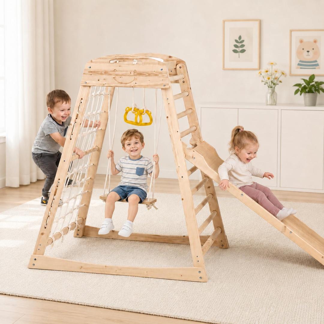 Indoor Jungle Gym, Wooden Indoor Playground, (7 in 1) Toddler Climbing Toys, Gym with Slide, Climbing Net, Swing, Gymnastics Ring