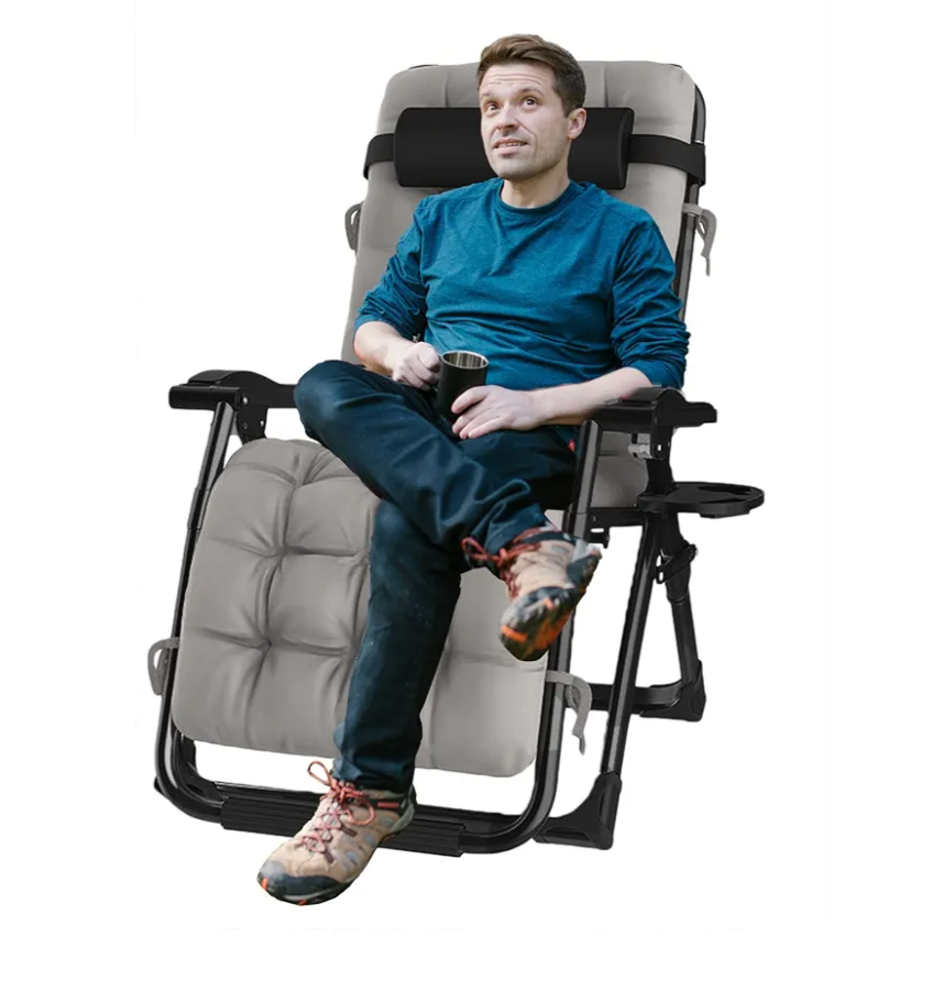 Premium Zero Gravity Chair Oversized, Support 440 lbs Patio Beach Lounge Chair, Camping Lawn Outdoor Recliner with Cup Holder, Grey Pads