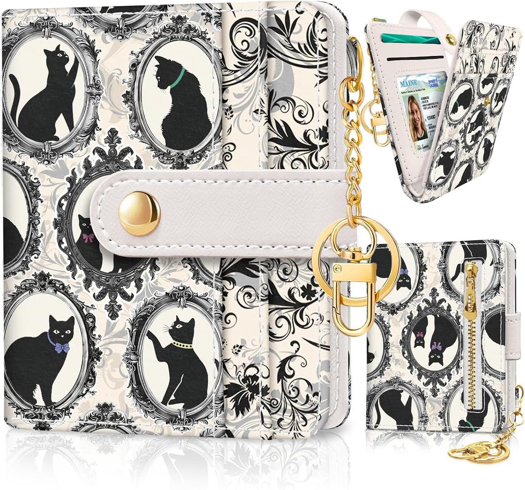 Vintage Black Cats Rfid Ladies Wallet, Small Slim Thin Compact Credit Card Women Wallet, Art Aesthetics PU Leather Bifold Cash Zipper Coin Pocket for Female