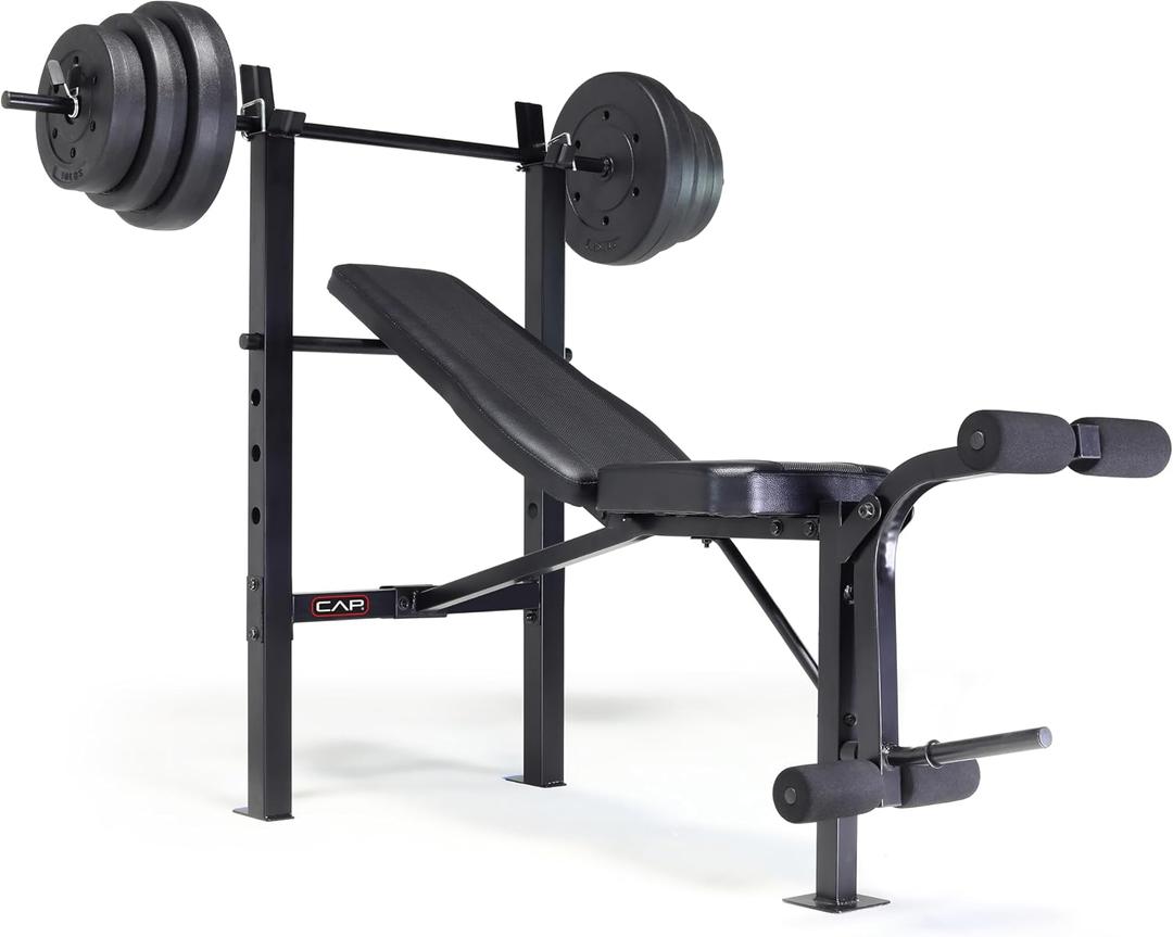 CAP Barbell Standard Weight Bench with Leg Developer and a 100 LB Vinyl Weight Set Adjustable Backrest, Barbell, and Cement Plates for Home Gym