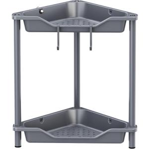 Orimade Rustproof 2 Tier Floor Standing Corner Shower Caddy Organizer, Plastic Metal Splicing Floor Corner Shelf Rack Stands for Bathroom, Grey