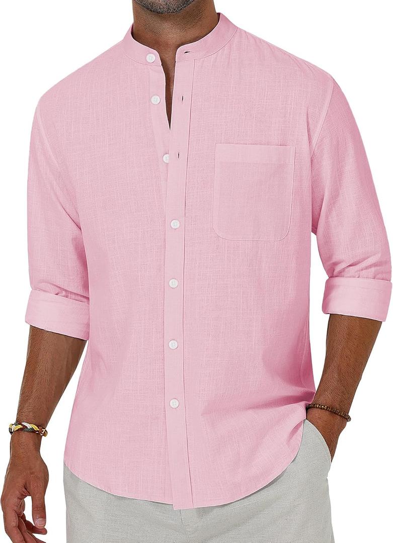 Alimens & Gentle Men's Cotton Linen Shirts Long Sleeve Button Down Shirt Band Collar Beach Shirts (Pink, M)
