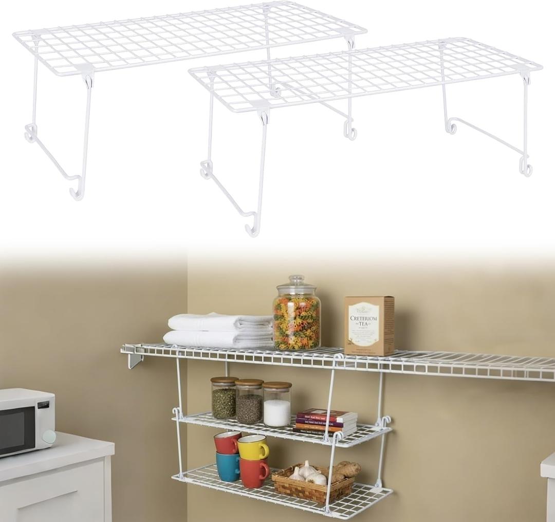 Leinuosen 2 Pack Stackable Wire Shelves 21.5'' x 10.75'' x 7.87'', Stack and Hang Wire Shelves for Closet, Space Saving White Shelf Extender for Closet, Kitchen, Laundry Room, Bathroom, Pantry