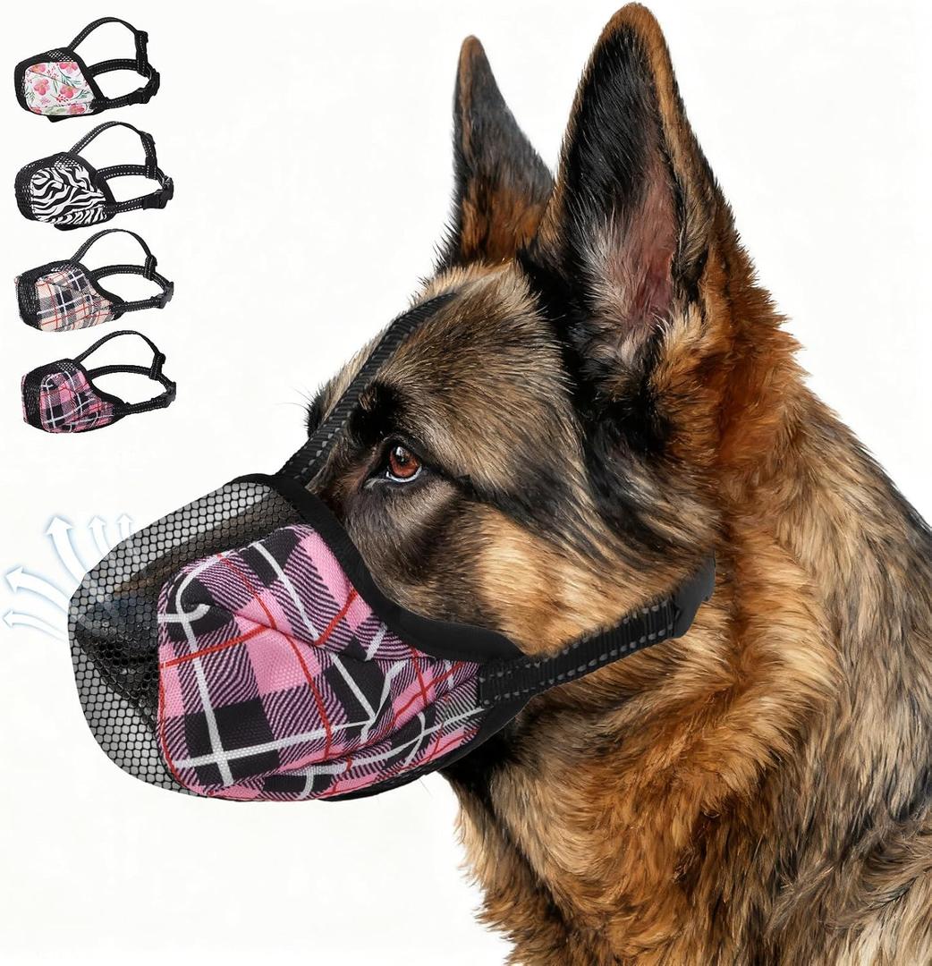 KOOLTAIL Dog Muzzle, Soft Muzzle for Small Medium Large Sized Dogs to Anti & Prevent Barking Grooming Biting, Reflective Adjustable Air Mesh Basket Muzzles, Allows Panting and Drinking, Pink Plaid XL