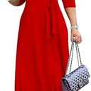 Mrskoala Women Plus Size Long Maxi Wrap Dresses Summer Sundress V-Neck 3/4 Sleeve. 2XL Red