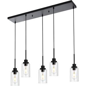 MELUCEE Black Pendant Lights for Kitchen Island, 5-Light Dining Room Light Fixtures Linear Chandeliers with Clear Glass Shade, DIY Hanging Lamp Ceiling for Dining Room Kitchen Bar