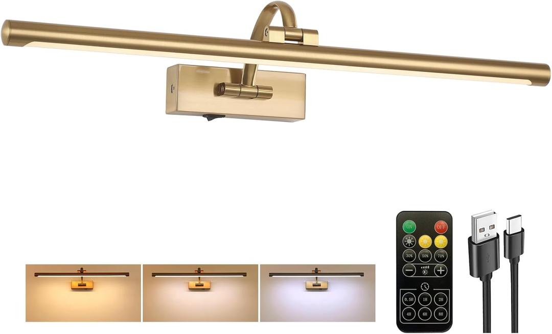 Picture Light Battery Operated with Remote, 3CCT Dimmable Picture Light for Paintings, Brass Rechargeable 24 inch Battery Operated Wall Sconce for Art Lighting Gallery Portrait Artwork, Brass