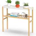 Bamboo Plant Stands Indoor, 2 Tier Steel Tray Plant Table Tall Corner Multiple Plant Holder Display Rack for Outdoor Garden Home