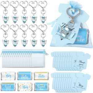 Teling 50 Sets Baby Shower Party Favors Baby Shower Angel Keychains Label Sticker Cards Organza Bags for Baptism Party(Blue)
