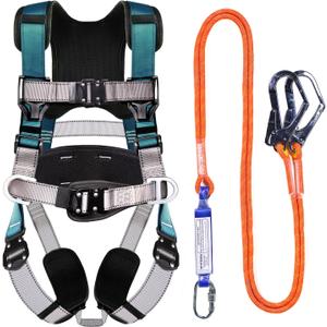 Fall Protection Premium Safety Harness with Shock Absorbing Lanyard, Vented & Padded Shoulder, Legs & Back - Upgrade 4 Quick Buckles (Dark Green)