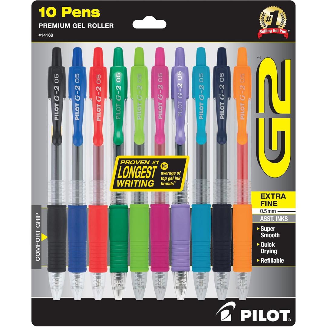 Pilot G2 Premium Retractable GelInk Rolling Ball Pens, Extra Fine Point (0.5mm), Assorted, 10/Pk (14168)