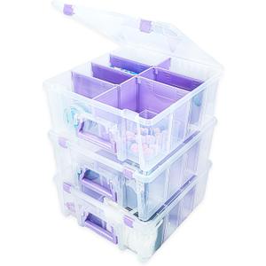 ArtBin Super Satchel Double Deep Compartment Box with Purple Accents in a 3 Pack - Art Storage with 8 Removable Compartments, Smart Closure for Craft Supplies (Purple - Pack of 3)