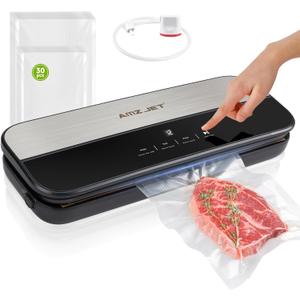 Food Sealer Vacuum Sealer-Tempered Glass Stainless Steel panel, LED Touch Control, Digital Display, Pulse/Moist/Dry/Seal/External Suction Modes, Includes 30 Vacuum Bags & Built-in Cutter (Black/Gray)