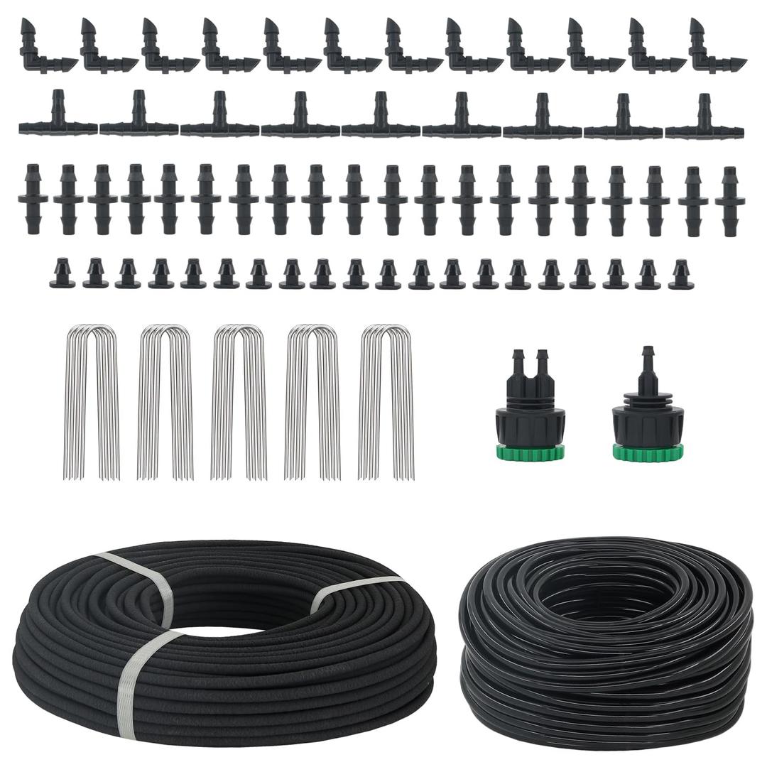 200ft 1/4'' Soaker Hose Tubing kit for Drip Irrigation with 100ft Drip Irrigation Tubing 102pcs Irrigation Fittings for Drip Water System Raised Garden Bed Greenhouse Patio Lawn