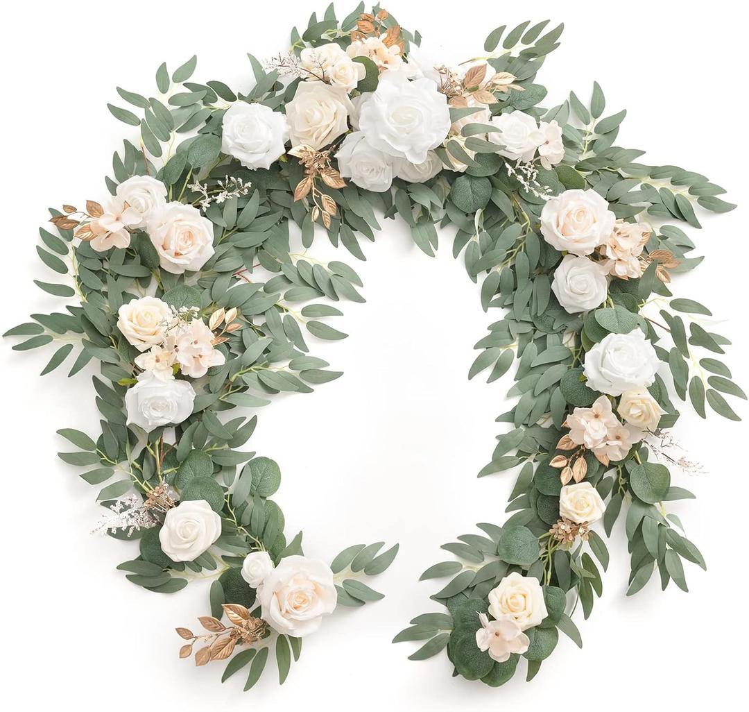 Ling's moment Flower Garland - 6FT Eucalyptus & Rose - Sweetheart Table Decor for Wedding Reception, Artificial Silk Floral Garland for Mantle, Spring, Garden Christmas Decoration, White Beige