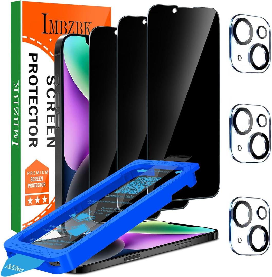 IMBZBK 3 Pack Privacy Screen Protector for iPhone 14 Anti Spy Private Accessories, Case Friendly Film, Military Grade Tempered Glass 3 Camera Lens Protector