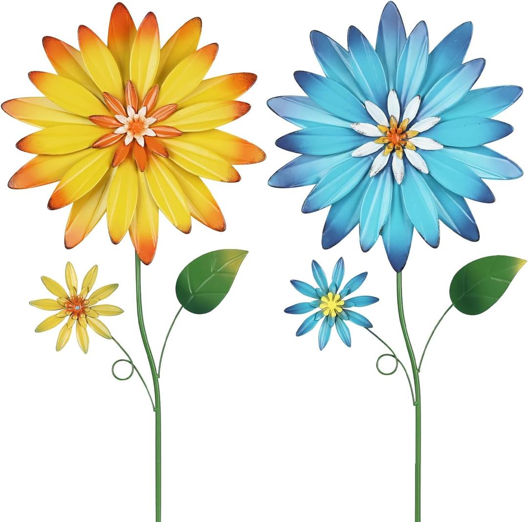 YEAHOME Garden Decor for Outside, 35.4 Set of 2 Metal Flowers Decorative Garden Stakes for Spring Decor, Yard Art Flower Stakes for Outdoor Lawn Backyard Porch Garden Decorations (Yellow, Blue)