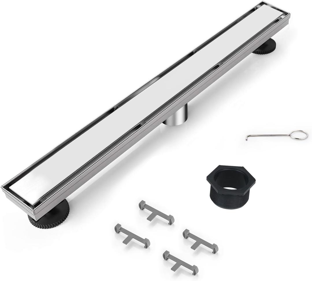 Linear Shower Drain 48 inch Brushed with Tile Insert Grate AISI 304 Stainless Steel Brushed Linear Drain Rectangle Shower Floor Drain with Hair Strainer and Leveling Feet