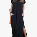 HUSKARY Women's Summer Maxi Dress Casual Loose Pockets Long Dress Short Sleeve Split Maxi Dresses | Medium