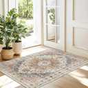 Madane Washable Area Rug 2x3, Small Entryway Rug Non-Slip Vintage Door Mat Indoor Entrance, Low Pile Floor Carpet for Inside Front Door Bedroom Kitchen Entry Laundry (2'x3', Turmeric/Grey)