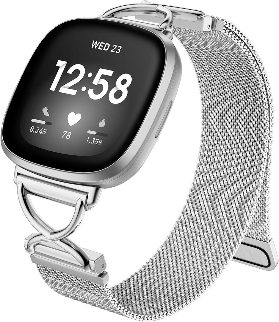 JKD X-Shape Metal Band Compatible with Fitbit Versa 4/Sense 2/Versa 3/Sense Bands Women Men, Stainless Steel Soft Mesh Loop Strap Replacement for Fitbit Sense 2/Versa 3/Sense/Versa 4 Smartwatch (Silver)