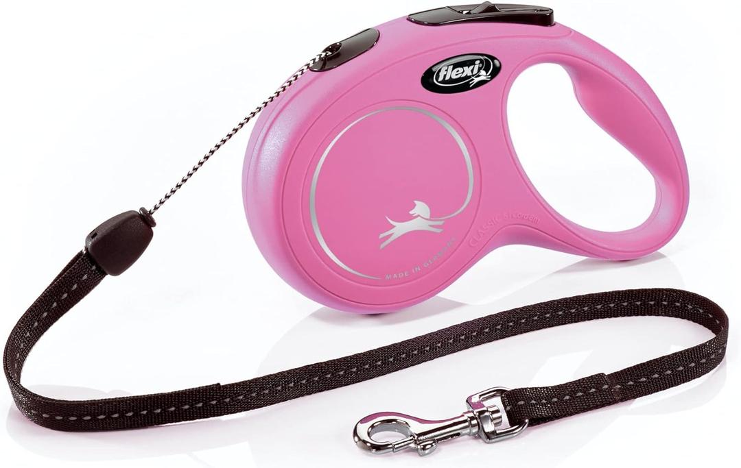 FLEXI New Classic Cord Retractable Dog Leash for Small Dogs up to 26 lbs. 16 ft., Pink | Tangle-Free Pet Walking Leash with One-Handed Brake, Pause, Lock|German Quality Product