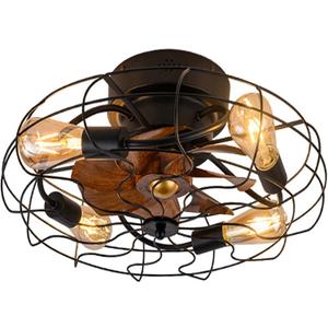 DACHUI Rustic Caged Ceiling Fans with Lights and Remote, 20" Low Profile Ceiling Fan with 6 Speeds 3 Timing and Reversible Farmhouse Flush Mount Bladeless Ceiling Light Fixture (Black-20 inch)