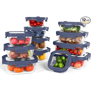 12-Pack Glass Containers with Tempered Lids Borosilicate, Oven-Safe(-4F~950F), Airtight, BPA-Free, Multi-Size for Meal Prep, Dishwasher Safe (Blue)